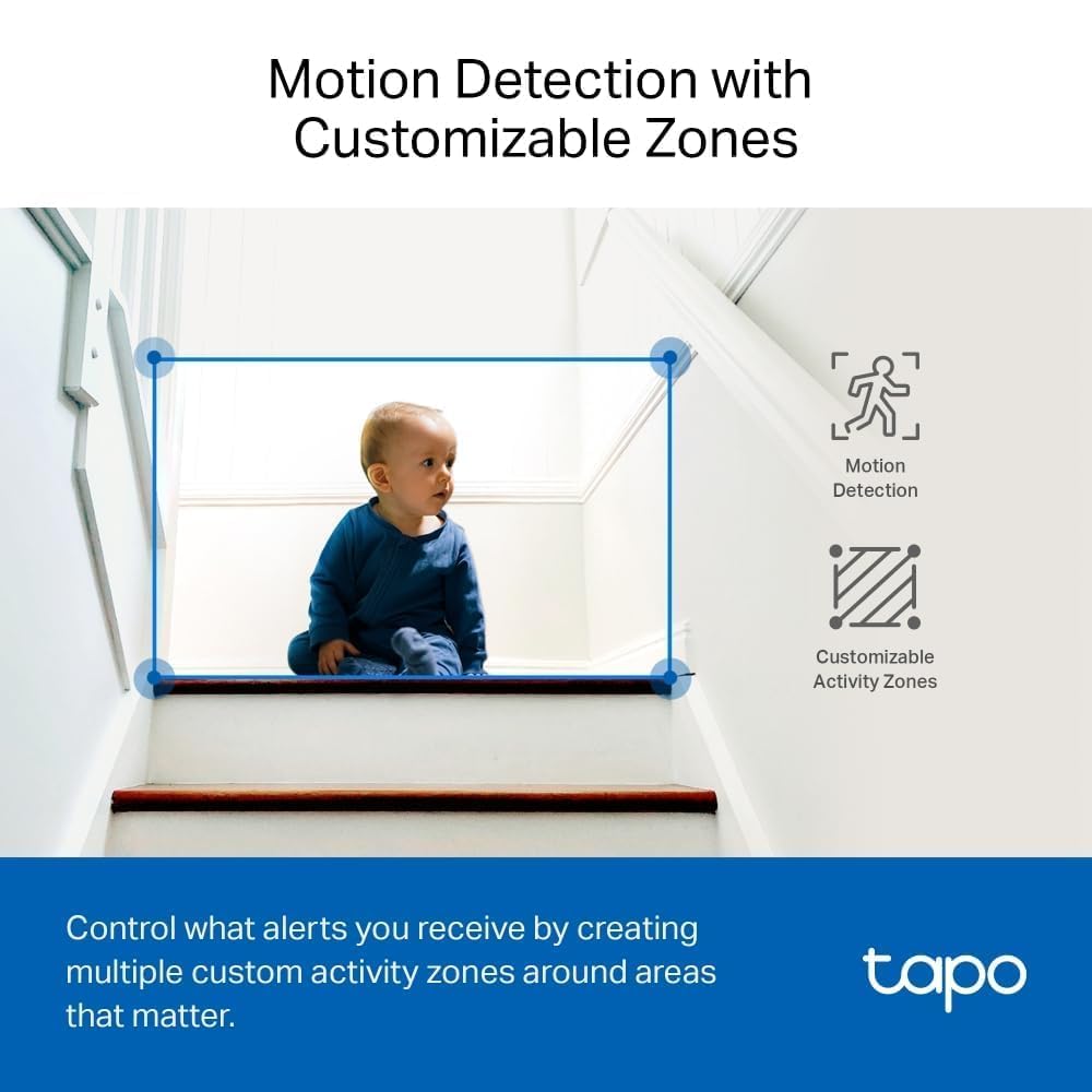 Tapo C230 5MP indoor security camera with pan/tilt, night vision, two-way audio, AI detection for persons, pets, and babies.