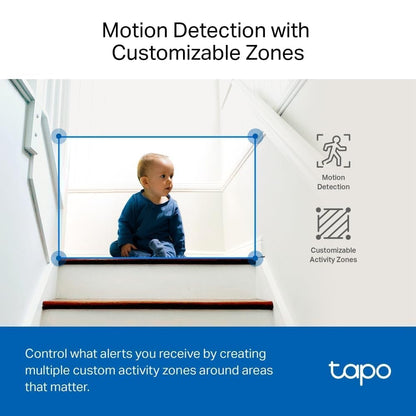 Tapo C230 5MP indoor security camera with pan/tilt, night vision, two-way audio, AI detection for persons, pets, and babies.