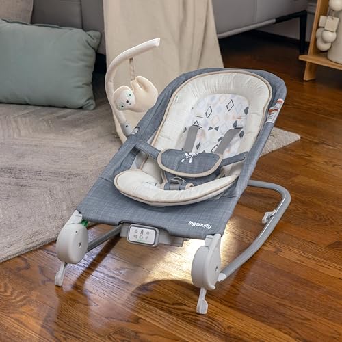 Ingenuity Happy Belly Rock-to-Bounce Seat, Music, Vibration, Detachable Toy Bar, Plush Sloth Toy, for Ages 0-6 Months, Grey - Parker