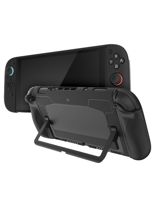 TUDIA black snap-on case for Nintendo Switch 2 with kickstand, shockproof TPU grip, slim design, and scratch-resistant PC cover.