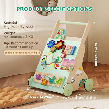 TERRAMUS wooden dinosaur baby walker with sit-to-stand design, Montessori activity center for developing motor skills in toddlers.