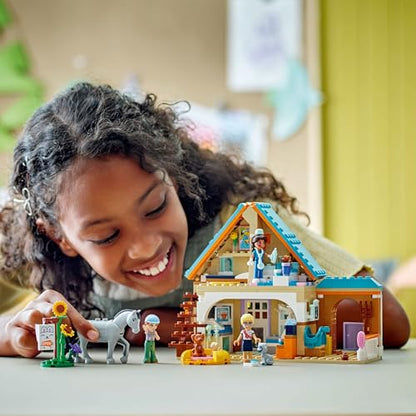 LEGO Friends Horse and Pet Vet Clinic with horse, cat, dog figures, mini dolls, stable, and accessories for imaginative play.