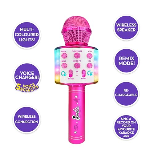 Barbie Bright Voicemaster Microphone by Sinco Creations with colorful lights, wireless speaker, 5 voice effects, and singing record feature.