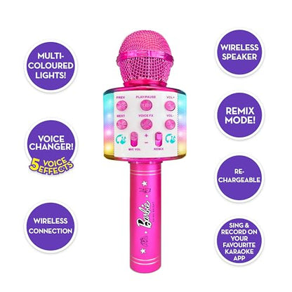 Barbie Bright Voicemaster Microphone by Sinco Creations with colorful lights, wireless speaker, 5 voice effects, and singing record feature.