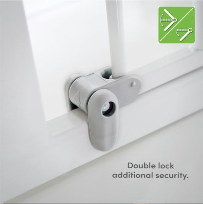 White Munchkin Lindam Sure Shut Axis pressure-fit toddler and baby stair gate for stairs and doorways, easy no-screw installation.