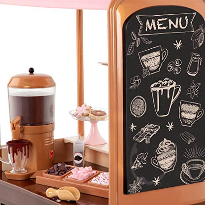 Our Generation Choco-Tastic Playset featuring a hot chocolate stand with 26 accessories for 18-inch dolls.