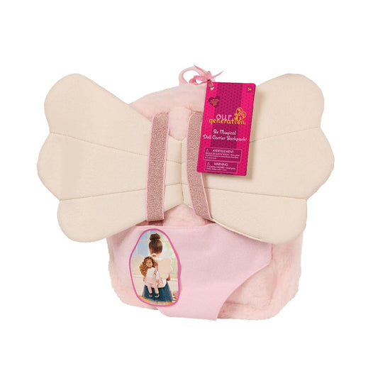 Our Generation pink 18-inch doll carrier backpack with adjustable straps and interior storage pockets for kids.