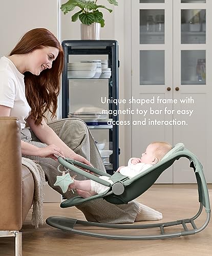 Mamas & Papas Tempo 3-in-1 rocker and bouncer with lightweight frame, 3-point harness, and removable magnetic toy bar in Ivy color.