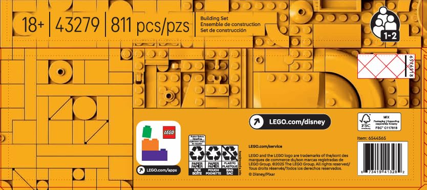 LEGO Disney Pixar WALL-E and EVE display model kit featuring brick-built robots and M-O & Hal figures on a shelf.