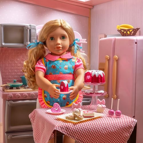 Our Generation 18-inch Jenny deluxe doll with book, featuring a stylish outfit and long brown hair, posed on a colorful background.