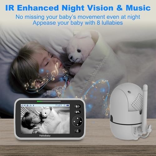 HelloBaby HB6550 baby monitor with camera, night vision, 5-inch display, pan-tilt-zoom, 2-way talk, and temperature sensor.