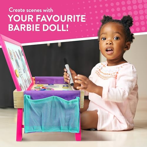 Barbie 2-in-1 magnetic whiteboard and lap tray for kids, featuring colorful educational and activity surface for ages 3+