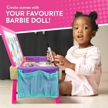 Barbie 2-in-1 magnetic whiteboard and lap tray for kids, featuring colorful educational and activity surface for ages 3+
