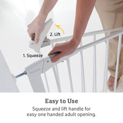 Munchkin Maxi Secure baby and dog gate in white, pressure-mounted toddler safety gate with extensions, no screws required.