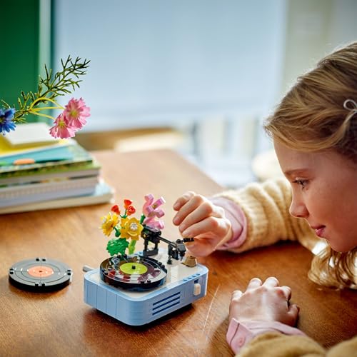 LEGO Creator 3in1 Record Player building toy with colorful flowers, showcasing radio and microphone rebuild options.