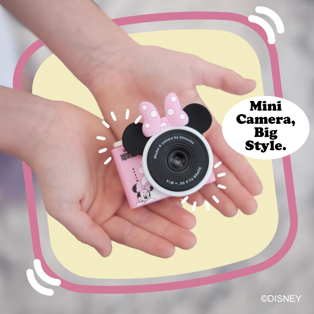 kiimento Mini Kids Digital Camera & Video Camcorder for Ages 3–5 with Selfie Lens, 32GB Memory Card, Handmade Strap – Model A (Minnie Mouse)