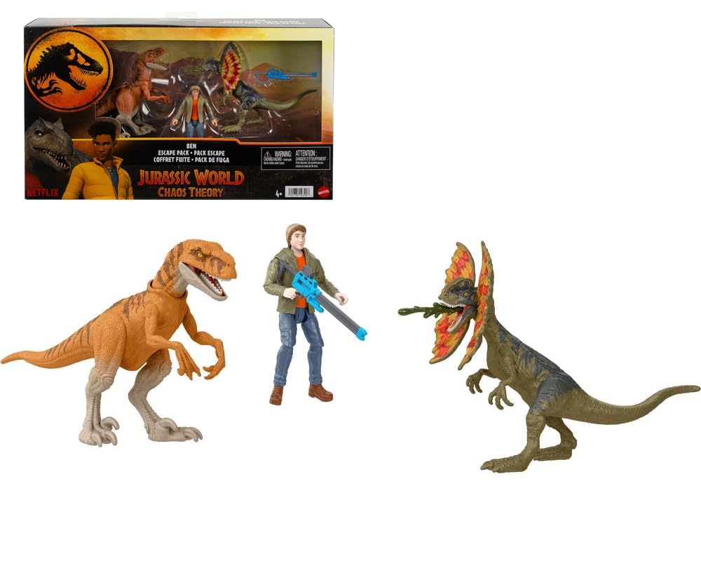 Jurassic World Chaos Theory Ben Escape Pack, 3.75-inch Action Figure Set with Dinosaurs and Blaster, Netflix Series