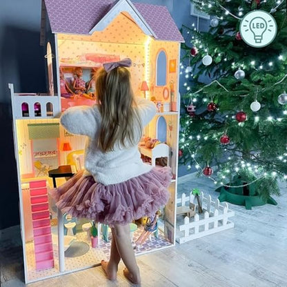 Mamabrum Wooden Dolls House XXL with Terrace Garden, LED Lights, Furniture & Accessories Included, 3-Storey Houses & Wooden Sweet Playhouse with Painted Roof & Walls for Little Girls, Rose/Light Blue