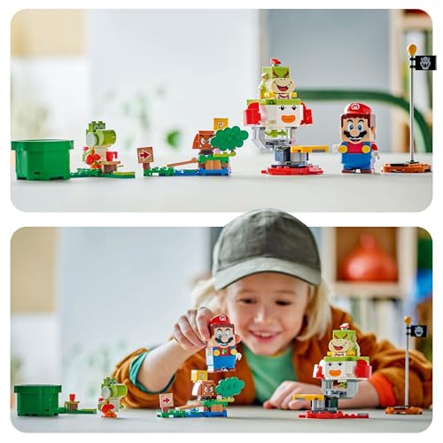 LEGO Super Mario Adventures set featuring interactive Mario, Bowser Jr.'s Clown Car, and Yoshi toy for ages 6 and up.