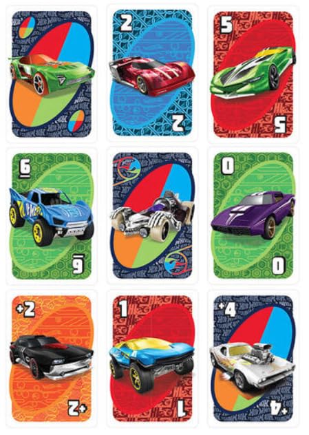 Hot Wheels Uno Express game box featuring colorful cards and iconic cars, perfect for family fun and game nights.