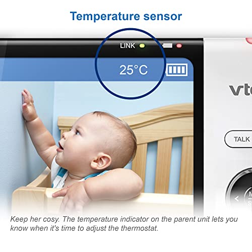 VTech VM919HD baby monitor with camera showing 360° pan, tilt, 7-inch HD display, night vision, and wide-angle view.