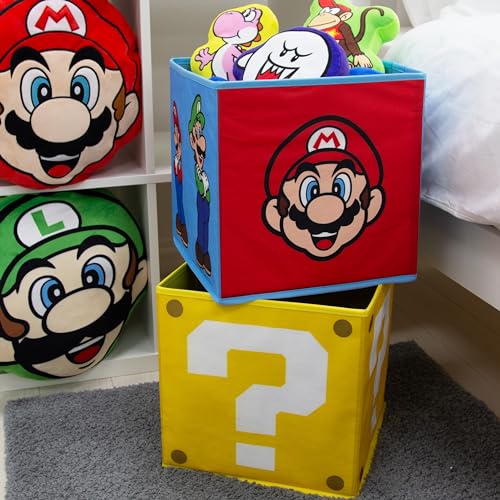Nintendo Super Mario storage boxes by Character World, foldable cubes featuring Mario and Luigi design, ideal for kids' rooms.