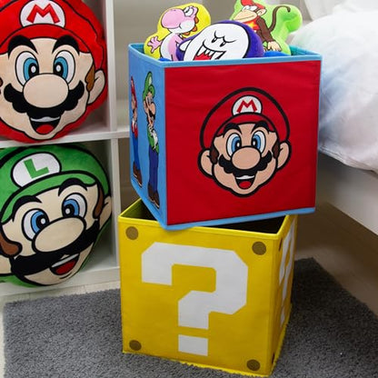 Nintendo Super Mario storage boxes by Character World, foldable cubes featuring Mario and Luigi design, ideal for kids' rooms.