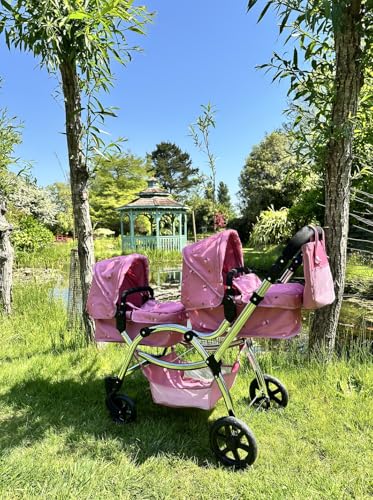 Roma Darcie Twin Dolls Pram in Pink with Adjustable Handle,Dolls Pushchair, Lightweight Dolls Double Buggy, Twin Pram for 3-16 Years, Fits 18 Inch Dolls, Ideal For Christmas, Birthdays and Reborns