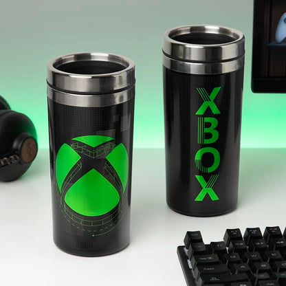Paladone Xbox travel mug with Xbox logo, 450ml capacity, keeps drinks hot or cold, ideal for gamers and commuters.