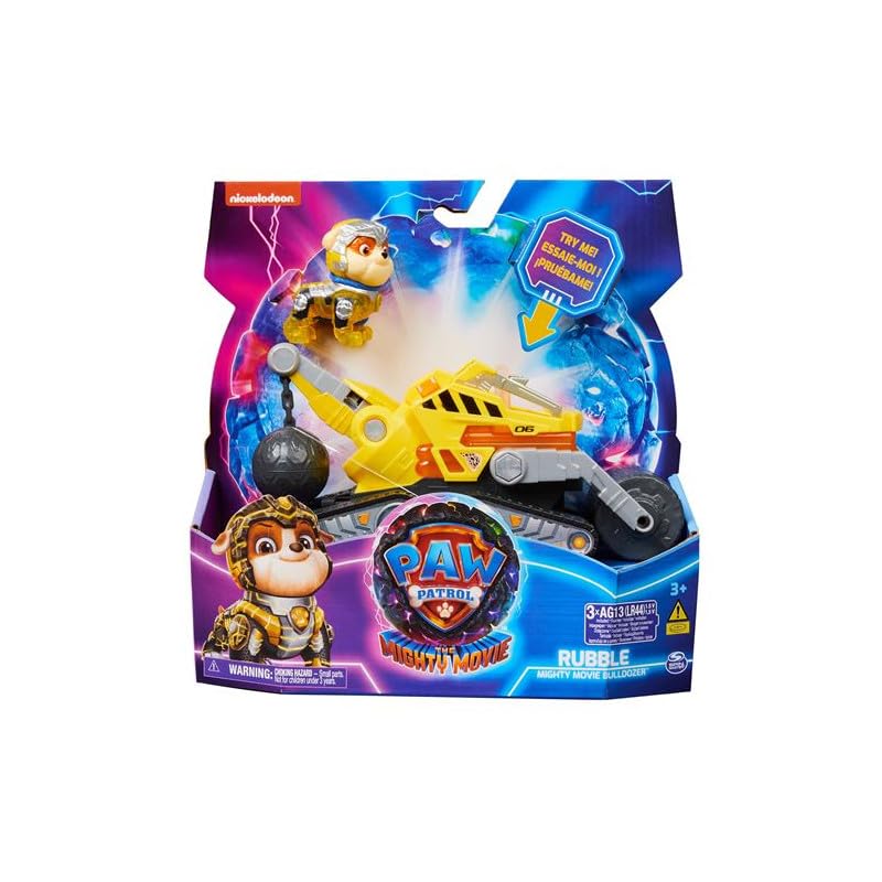 Paw Patrol: The Mighty Movie, Construction Toy Truck with Rubble Mighty Pups Action Figure, Lights and Sounds, Kids’ Toys for Boys and Girls 3+