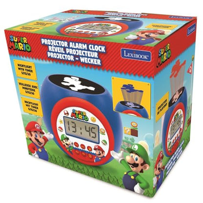 Lexibook Nintendo Super Mario projector alarm clock with LCD screen, night light, snooze, and battery operation.