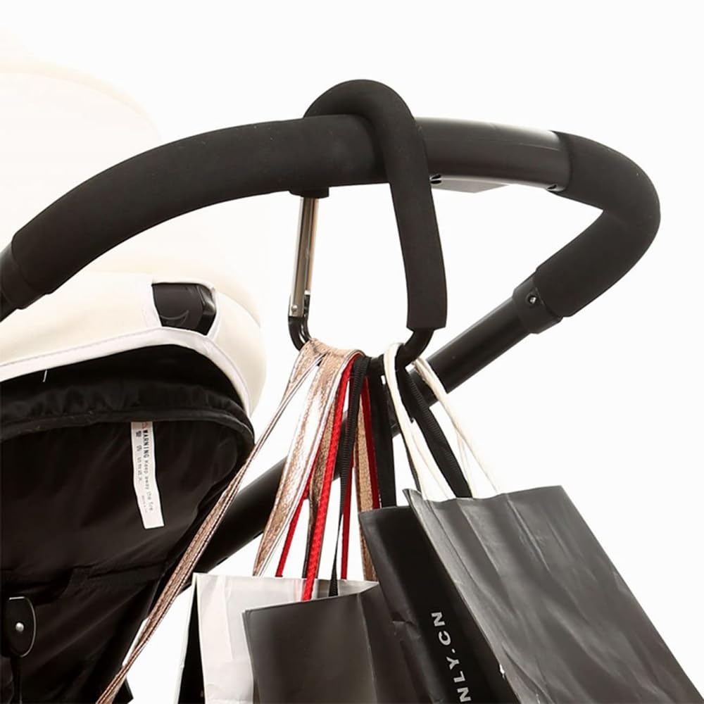 Heavy duty black buggy clips with carabiners, 2-pack pram hooks for bags, stroller accessories, and diaper bags.