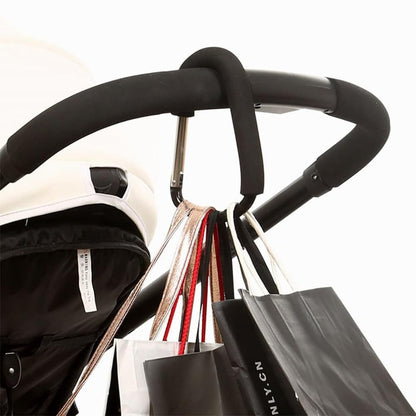 Heavy duty black buggy clips with carabiners, 2-pack pram hooks for bags, stroller accessories, and diaper bags.