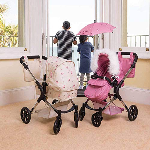 Roma Darcie Twin Cream Dolls Pram - Adjustable Handle Dolls Pushchair for Reborn Dolls, Double Dolls Pram with 16 Combinations, Bag & Shopping Basket - Ideal for Ages 3-16