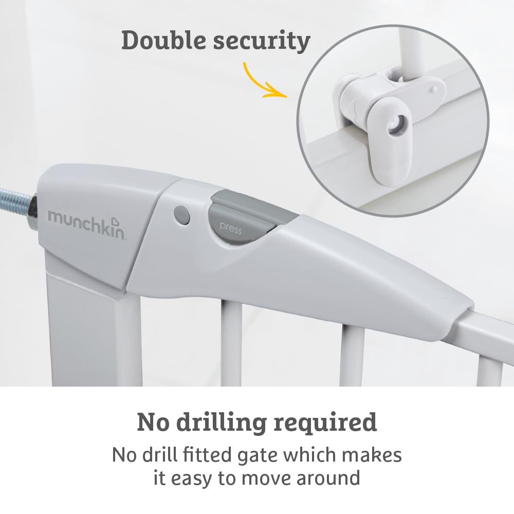 Munchkin Maxi Secure baby and toddler gate in white, pressure-mounted with extendable design for doorways and stair safety