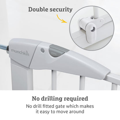 Munchkin Maxi Secure baby and toddler gate in white, pressure-mounted with extendable design for doorways and stair safety