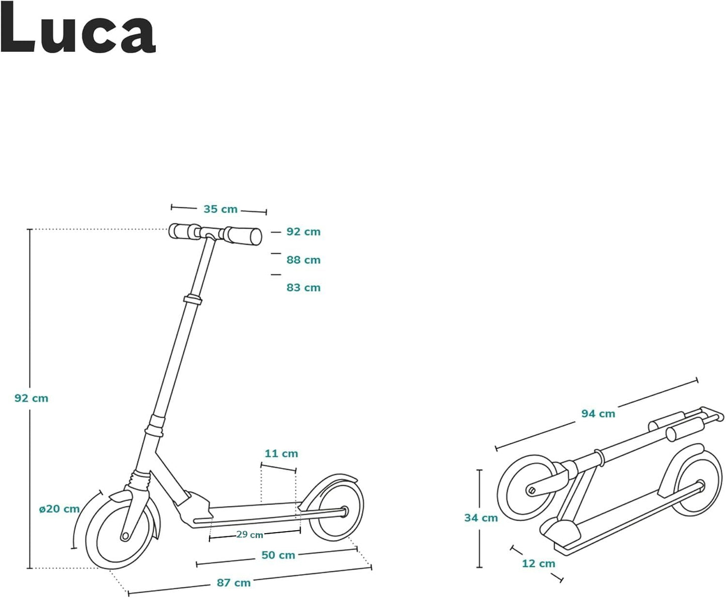Lionelo Luca lightweight foldable scooter for kids and teens with adjustable handlebars and 20cm wheels.