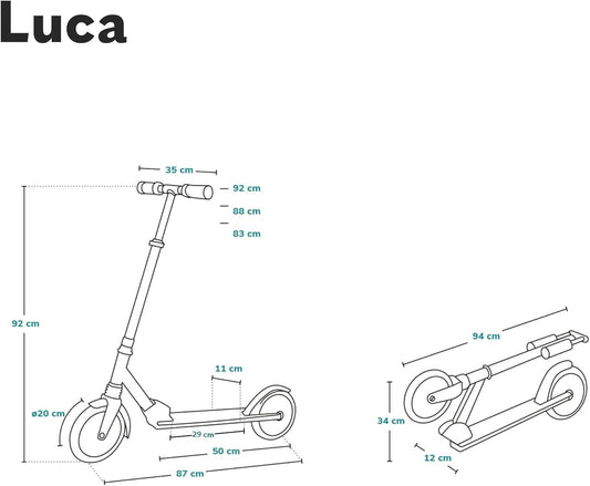 Lionelo Luca lightweight foldable scooter for kids and teens with adjustable handlebars and 20cm wheels.