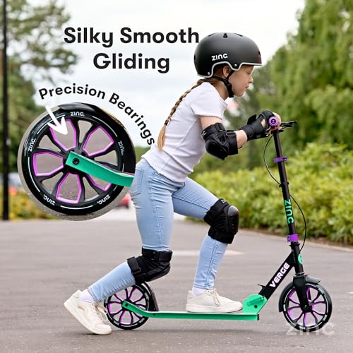 Zinc Verge Pro Kids Scooter – Big Wheel Kick Scooter for Ages 6+, Foldable 2-Wheel Scooter with 200mm Wheels, Lightweight, Height Adjustable, Rear Footbrake, Supports up to 100kg, Black & Green
