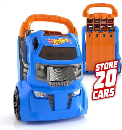 Hot Wheels Car Case Launcher for kids, storing up to 20 cars, featuring 2-in-1 storage and launcher design.