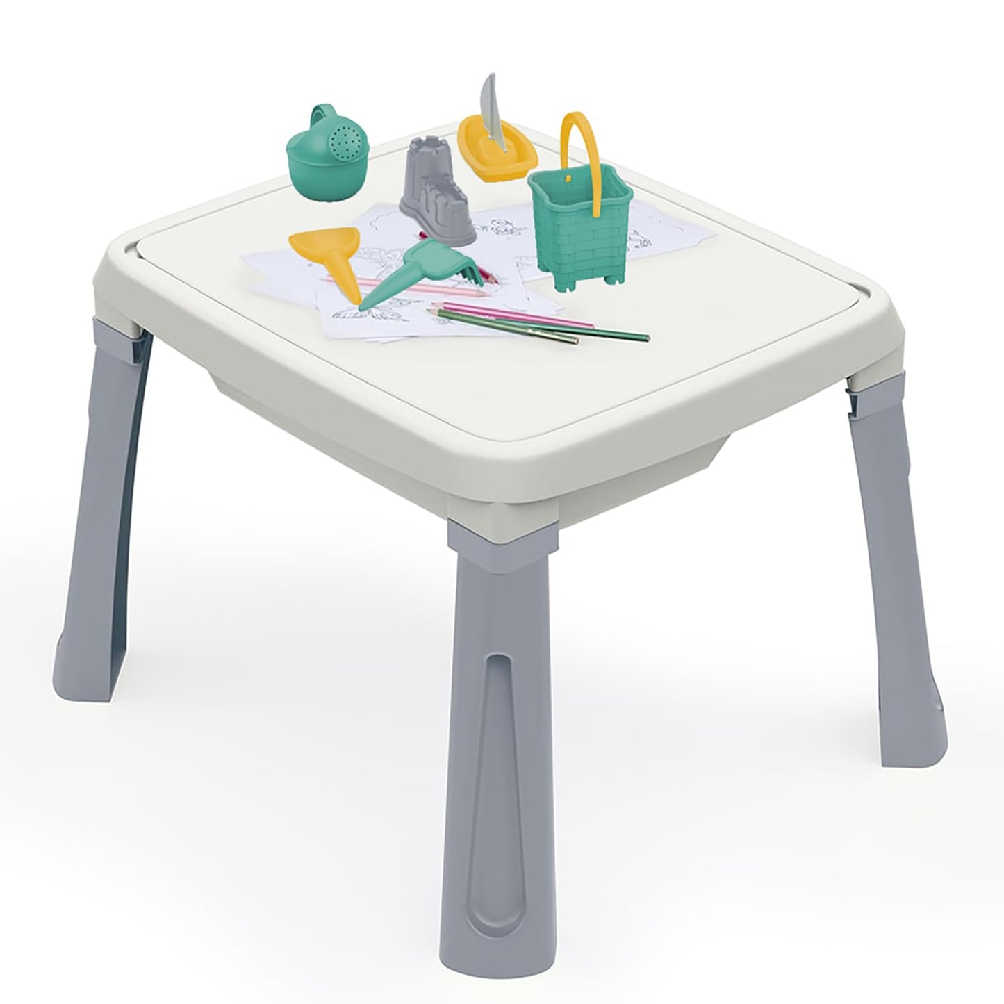 DOLU 3-in-1 sand and water table for children, white and grey, with play tray, sandbox, and water features for outdoor fun.