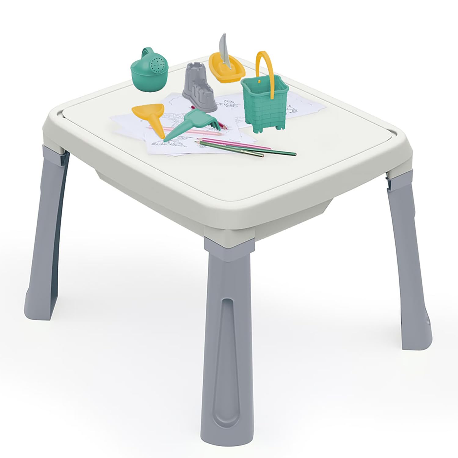 DOLU 3-in-1 sand and water table for children, white and grey, with play tray, sandbox, and water features for outdoor fun.