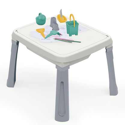 DOLU 3-in-1 sand and water table for children, white and grey, with play tray, sandbox, and water features for outdoor fun.