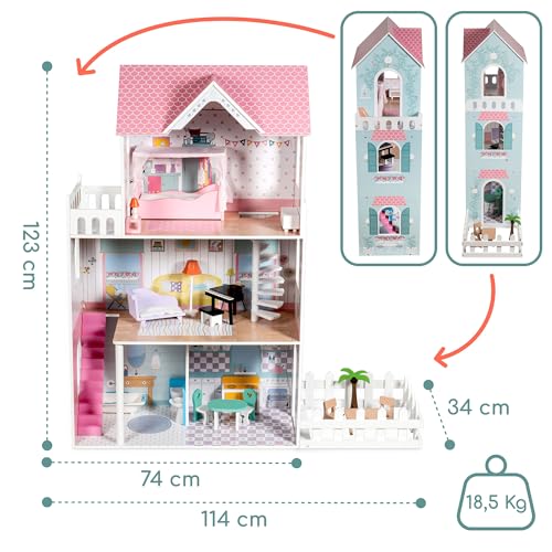 Mamabrum Wooden Dolls House XXL with Terrace Garden, LED Lights, Furniture & Accessories Included, 3-Storey Houses & Wooden Sweet Playhouse with Painted Roof & Walls for Little Girls, Rose/Light Blue