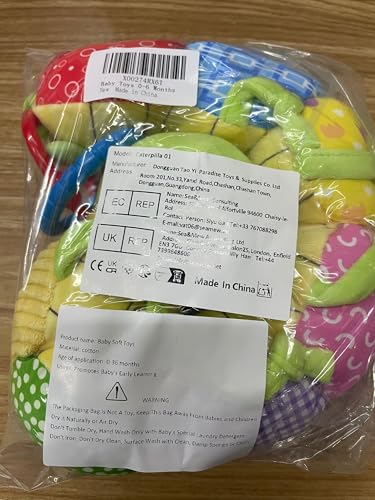 Accevo baby musical multi-sensory caterpillar stuffed toy with crinkle, rattles, and textures for tummy time, suitable for newborns.