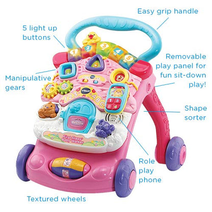 VTech First Steps Baby Walker in pink with shape sorter, sounds, music, and pretend play features for 6 months to 3 years old.