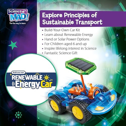 Science Mad DIY renewable energy electric car kit for kids with hand generator and 360° solar panel, STEM toy for ages 8+.