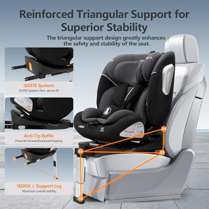 Vasacava Baby Car Seat 360° Rotating i-Size R129 ISOFIX with Support Leg Newborn to 12 Years Side Impact Protection Adjustable Headrest & Recline Group 0+1+2+3 Suitable from 40–150cm
