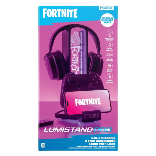 Paladone Fortnite 3-in-1 Headphone Stand and Tech Charging Station with Console Controller Cradle and 2 USB-C Ports, RGB Colour Changing Light Panel, Officially Licensed Gift for Gamers