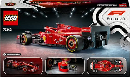 LEGO Speed Champions Ferrari SF-24 F1 race car model kit with a minifigure, showcasing detailed design and vibrant colors.